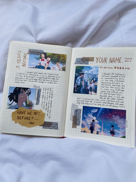 I actually loved your name. It’s one of my fav anime movies ^•^ #journal #anime #yourname Music Journaling, Notebook Inspiration, Journal Things, Kpop Journal, Bujo Ideas, Movie Theatre, Bullet Journal Aesthetic, Bullet Journal Notebook, Buku Skrap