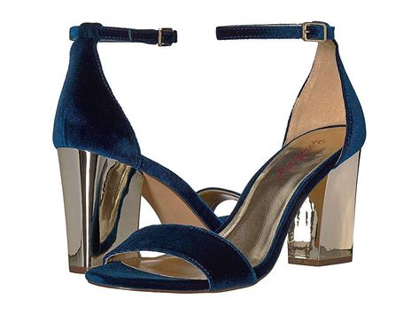 Lilly Pulitzer Amber Lynn Sandal (Inky Navy) Women's Sandals. A gorgeous velvet sandal that'll make your outfit extra special. Heeled sandal features a velvet upper. Adjustable ankle strap. Smooth gold metallic faux leather insole. Metallic block heel. Man-made outsole. Imported. Measurements: Heel Height: 3 1 2 in Weight: 11 oz Product measurements were taken using size 9.5  width M. Please note that measurements may vary by  #LillyPulitzer #Shoes #OpenFootwear #CasualSandal #Navy Blue Velvet Heels, Gold Block Heels, Velvet Sandals, Navy Velvet, Wedding Heels, Gold Heels, Slingback Heel, Casual Sandals, Blue Velvet