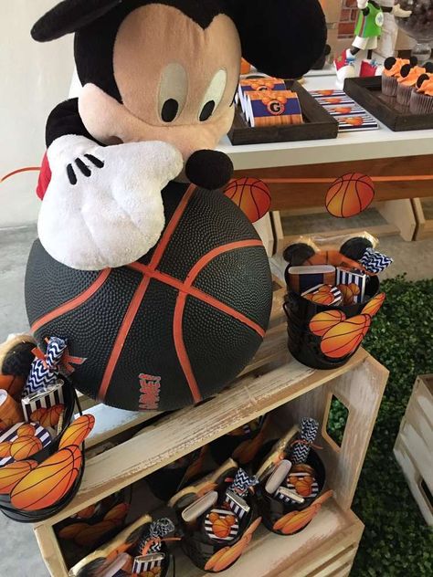 Mickey Basketball Party | CatchMyParty.com Mickey Basketball Party, Mickey Sports Birthday, Mickey Mouse Basketball Party, Basketball Themed Birthday Party, Mickey Mouse Birthday Party Ideas, Basketball Theme Party, Birthday Mickey Mouse, Mickey Mouse First Birthday, Mickey Mouse Photos