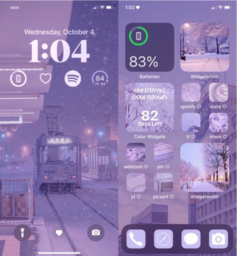 Iphone Themes Aesthetic Purple, Phone Layout Ideas Purple, Purple Ios 16 Homescreen, Purple Phone Layout, Layouts Iphone, Ios 16 Ideas, Purple Snow, Set Background, Desktop Themes