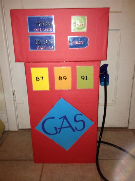 This is a gas pump I made after seeing the idea on Pinterst. I made a few upgrades to it. You will need two boxes. If they are not brown you probably won't be able to paint them. We used bulletin board paper and spray on adhesive to cover the boxes. I used sticker and paper (as well as my Cricut) to make the accessories on the front, then laminated them. I used "U" bolts from the hardware store as the handle on the side. The hose is 1/2" tubing and the pump is a cut off spray bottle. It turned o Home Daycare Ideas, Energy Bus, Transportation Birthday Party, Daycare Themes, Recycling Activities, Bulletin Board Paper, Transportation Preschool, Vbs 2024, Fun Activities For Toddlers