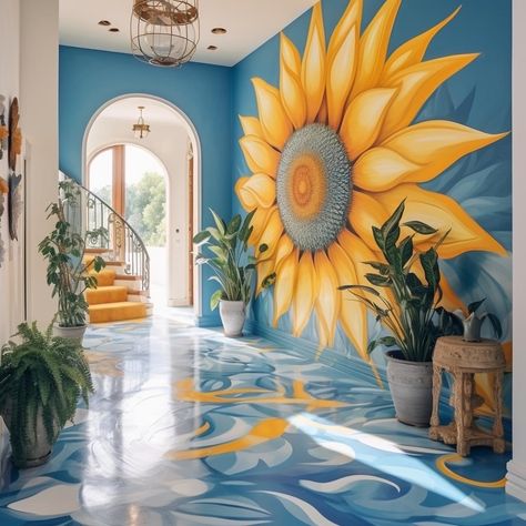 Sunflower Mural, Buddha Wall Painting, 70s Living Room Decor, Furniture Ideas Bedroom, Bedroom Furniture Ideas, Wallpapers Home, Home Quotes, Beautiful Bedroom Decor, Flower Mural