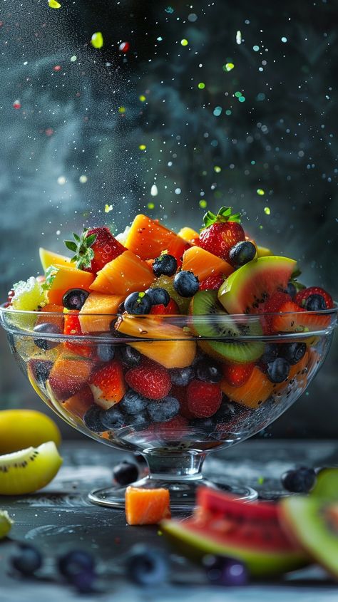 Fruit Salad Photography, Fruit Salad Aesthetic, Fruit Black Background, Bright Fruit Aesthetic, Bright Fruit Photography, Mango Photography Fruit Summer, Fruit Photography Black Background, Salad Box, Sweet Snacks Recipes