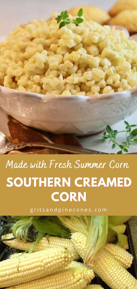 Southern homemade creamed corn is a classic summer side dish that is totally incredible! Made with fresh sweet summer corn, butter, cream, salt and pepper, this Southern staple is sweet and creamy and a wonderful addition to addition to any barbecue or potluck this summer! Southern Corn Recipes, Old Fashioned Cream Corn, Southern Style Corn, Homemade Creamed Corn, Sweet Cream Corn, Corn Butter, Fresh Corn Recipes, Homemade Cream Corn, Corn Recipes Side Dishes