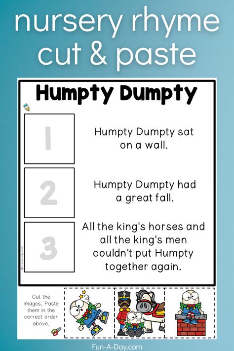 Humpty Dumpty Cut and Paste Free Printable Humpty Dumpty Activities Preschool, Humpty Dumpty Craft, Humpty Dumpty Activities, Nursery Rhymes Preschool, Nursery Rhyme Theme, Nursery Rhymes Activities, Classic Poems, Sequencing Cards, Fairytale Nursery