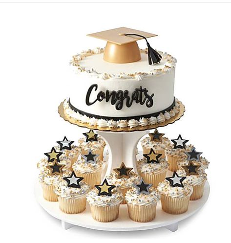 High School Graduation Cakes, Cake With Cupcakes, Graduation Cake Designs, Black Frosting, Graduation Party Desserts, Graduation Treats, Graduation Party Table, Graduation Desserts, Grad Cake