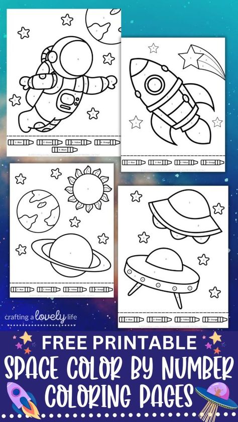 These free printable Space Color by Number Coloring Pages are such a fun activity for kids to do! These color by number printables are free so you can download them and print as many copies as you want! Space Crafts | Activities for kids Coloring Pages | Space craft for kids | Printable Coloring Page | Free Color by Number Printable | Free printables for kids | Space Coloring Page Space Color By Number, Hocus Pocus Printable, Universe Activities, Space Coloring Sheet, Color By Number Coloring Pages, Number Coloring Pages, Space Crafts For Kids, Fun Activity For Kids, Color By Number Printable