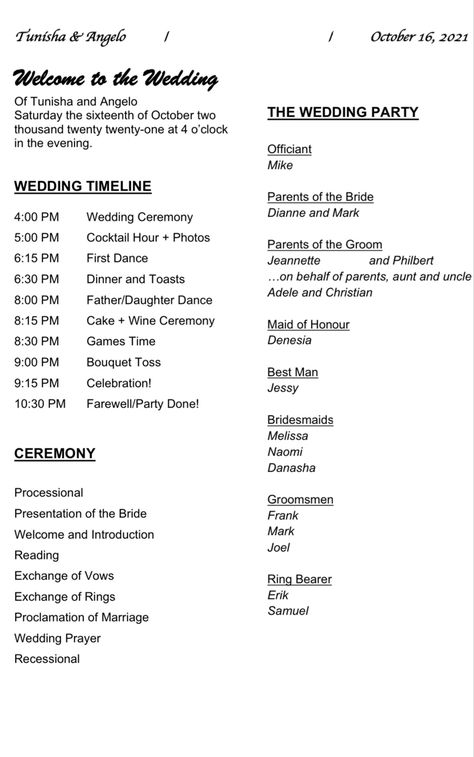 This document starts with Welcome to the wedding of… it includes the Wedding Timeline, Ceremony and wedding party information. Gifts For Wedding Coordinator, Dj Itinerary For Wedding, Wedding Officiant Template, Dj Script For Wedding, Dj Timeline For Wedding, Wedding Coordinator Rehearsal Checklist, Wedding Coordinator Checklist Day Of, Wedding Officiant Checklist, Wedding Day Of Coordinator