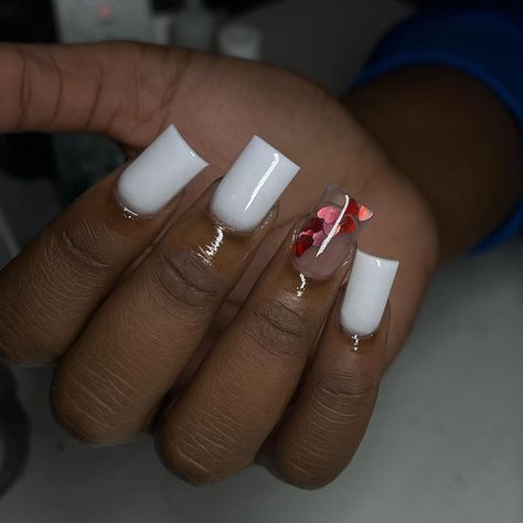 Cute Junk Nails Short, Cute Short Nail Sets White, Duck Nails Simple, Red And White Short Nails, Vday Nails Short, Red And White Nails Short, Short White Nails With Design, Nail Suggestions, Nail Square