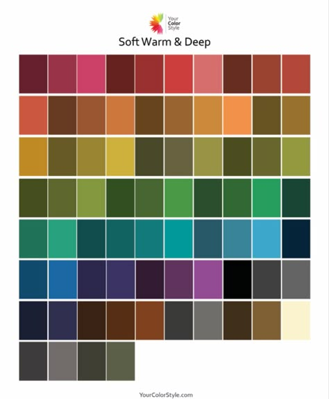 Soft Warm Deep Color Palette, Dark Blue Autumn, Autumn Seasonal Color Palette, Smokey Soft Autumn, Seasonal Analysis, Autumn Color Season, Soft Autumn Colors, Deep Autumn Palette, Colour Wheels