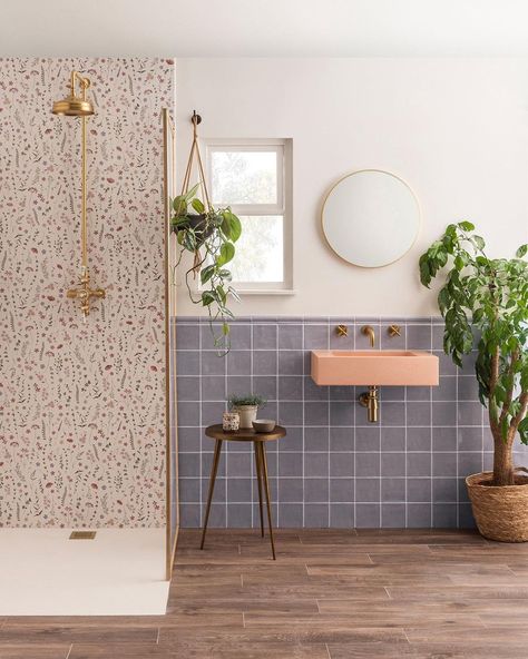 Rustic Elegance ⁠ ⁠ The delicate details & soft hues caught our attention in this charming bathroom design by @originalstyleuk. This… | Instagram Pink Ceramic Tile, Terrazzo Bathroom, Bathrooms Showers, Floral Bathroom, Indoor Tile, Concrete Basin, Hotel Room Design, Large Format Tile, Plain Colour