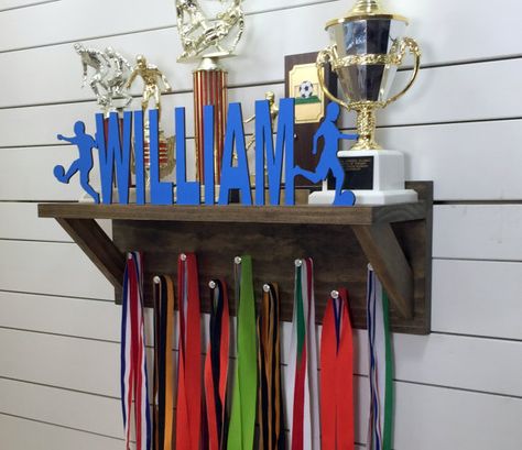 Personalized Trophy Shelf & Medal Holder Trophy Display Shelves, Diy Trophy, Wood Trophies, Trophy Shelf, Trophy Display, Award Display, Medal Holder, Trophies And Medals, Jar Centerpieces