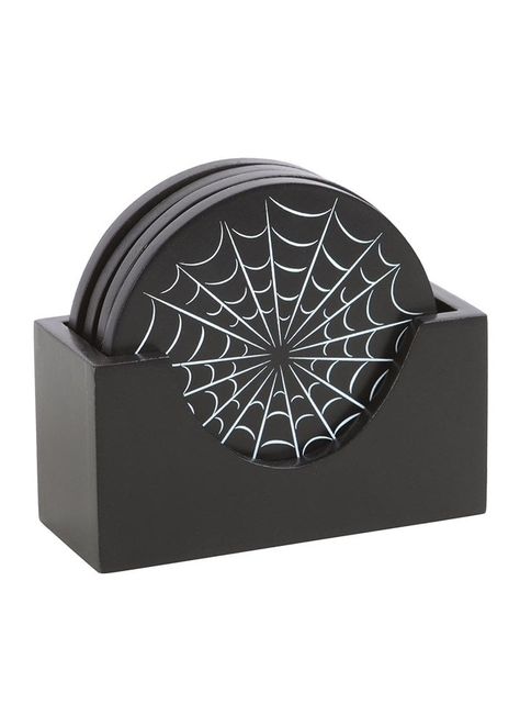 Save your furniture from any frightful spills with the Spiderweb Coaster Set with a handy holder for when not in use. Whether you're going all out with the details for Halloween or your abode embraces a year-round gothic aesthetic, these coasters are perfect for adding a dark and dramatic accent to your living space.    Black   4 piece coaster set in holder   Spiderweb design   Cork backed laminate   9.5cm x 9.5cm Gothic Homeware, Spiderweb Design, Wolf Skull, Black Coasters, Sourpuss Clothing, Creepers Shoes, Attitude Clothing, Space Black, Gothic Aesthetic