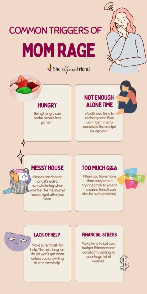 an infographic showing common triggers of mom rage including hungry not enough alone time messy house too much Q and A lack of help and financial stress Healthy Parents, Rage Cleaning, Mom Rage Quotes, Mom Rage, Fun Mom, Mom Truth, Parenting Knowledge, Mental Health Facts, Mindful Parenting