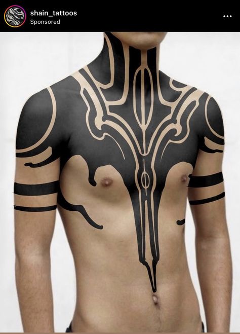 Full Body Geometric Tattoo, Black Work Stomach Tattoo, Whole Body Line Tattoo, Full Upper Body Tattoo, Body Suit Tattoo Men, Geometric Face Tattoo, Black Out Tattoo Designs, Black Neck Tattoo, Black Chest Tattoo