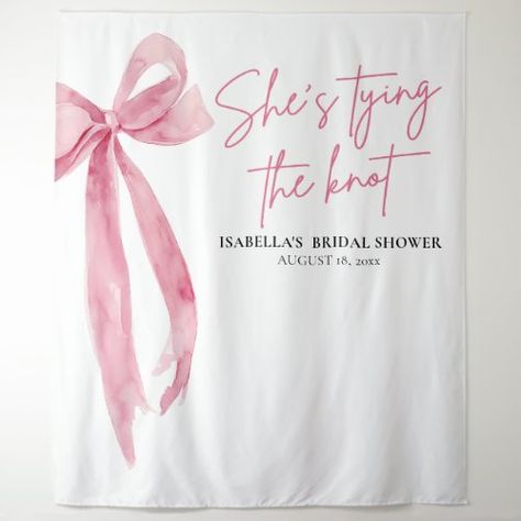 $71.59 | Bow She's Tying the Knot Bridal Shower Backdrops | Bridal Shower Tapestries | bridal shower, she's tying the knot, bow, pink, elegant, coquette, bridal shower tapestry, bridal shower backdrops, booth, calligraphy Bow Backdrop, Photo Wall Backdrop, Bridal Shower Backdrops, Elegant Coquette, Bridal Shower Banner, Bridal Shower Backdrop, Knot Bow, Bridal Party Ideas, Bow Wallpaper