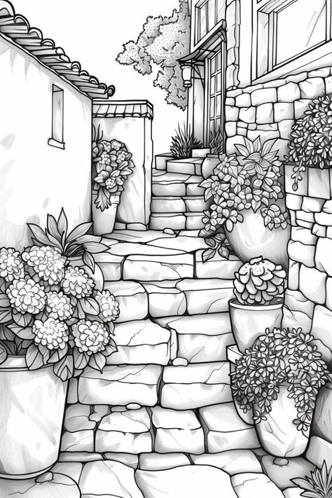 Cozy Terraced Garden Coloring Page: Blooming Terraced Garden, Free Adult Coloring Printables, Peaceful Garden, Garden Coloring, Garden Coloring Pages, Garden Retreat, Adult Colouring Printables, Pumpkin Coloring Pages, Concept Art Tutorial