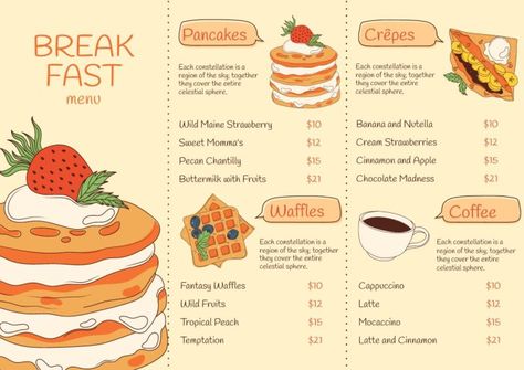 Menú de desayuno en panadería con dibujos de tortitas, crepes y gofres Cute Food Menu Art, Menu Poster Design Ideas, Breakfast Menu Design Ideas, Food Menu Design Ideas Layout, Food Menu Design Layout, Food Menu Layout, Cute Menu Design, Menu Layout Design, Food Menu Design Ideas