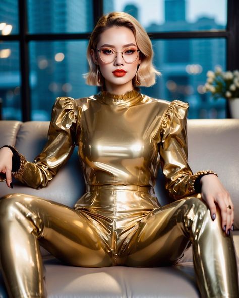 Pvc Outfit, Metallic Clothing, Pvc Clothing, Satin Outfit, Vinyl Fashion, Vinyl Leggings, Vinyl Clothing, Golden Goddess, Metal Clothing