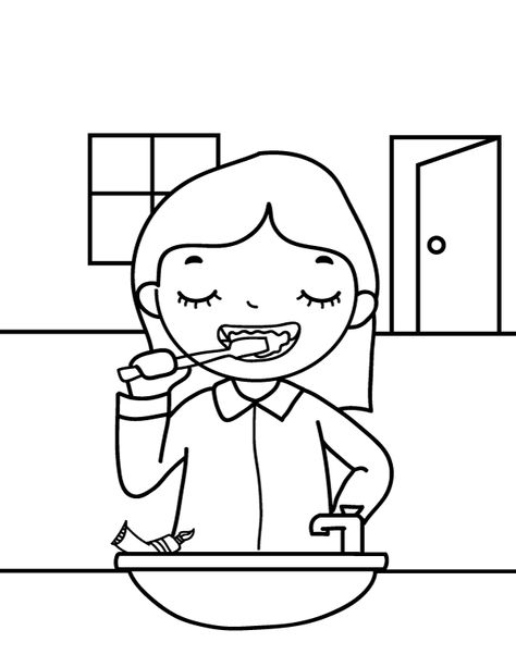 Free printable brushing teeth coloring page. Download it at https://museprintables.com/download/coloring-page/brushing-teeth/ Brush Teeth Coloring Page, Drownings Easy For Kids, Brush Teeth Drawing, Brush Teeth Cartoon, Brushing Teeth Drawing, Teeth Coloring Page, Brush Your Teeth Printable, Tooth Party, Teeth Drawing