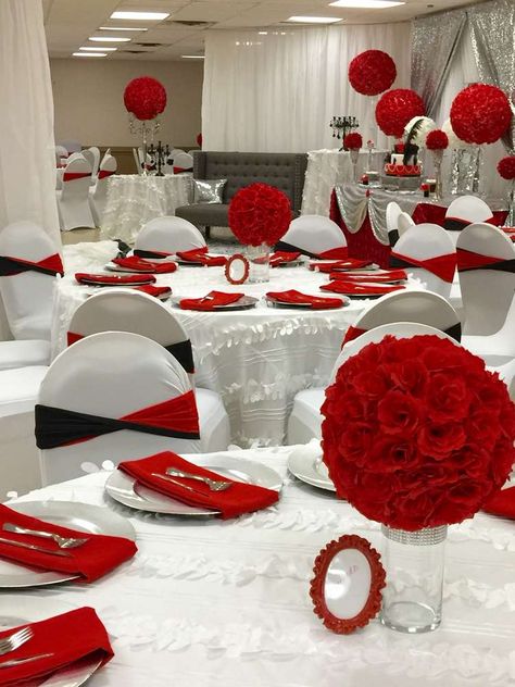 Red Roses 40Th Birthday  | CatchMyParty.com Roses Birthday Party Ideas, Red Roses Birthday, Roses Birthday, Red Centerpieces, Red Wedding Decorations, Red And White Weddings, Quince Decorations, Red Wedding Theme, Quinceanera Decorations