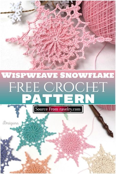 Free Crochet Wispweave Snowflake pattern Ravelry Crochet Free Patterns, Free Crochet Snowflake Patterns, Crochet Snowflake, Snowflake Patterns, Ravelry Crochet, Crochet Snowflake Pattern, Dishcloth Crochet Pattern, Crochet Xmas, Crochet Motif Patterns