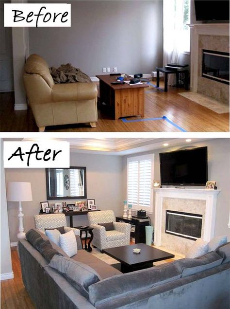 Make A Small Room Feel More Spacious Living Room Makeovers Small Living Room Furniture, Furnitur Ruang Keluarga, Living Room Furniture Arrangement, Design Salon, Arrangement Ideas, Small Living Room Decor, Small Room Design, Living Room Remodel, After Pictures