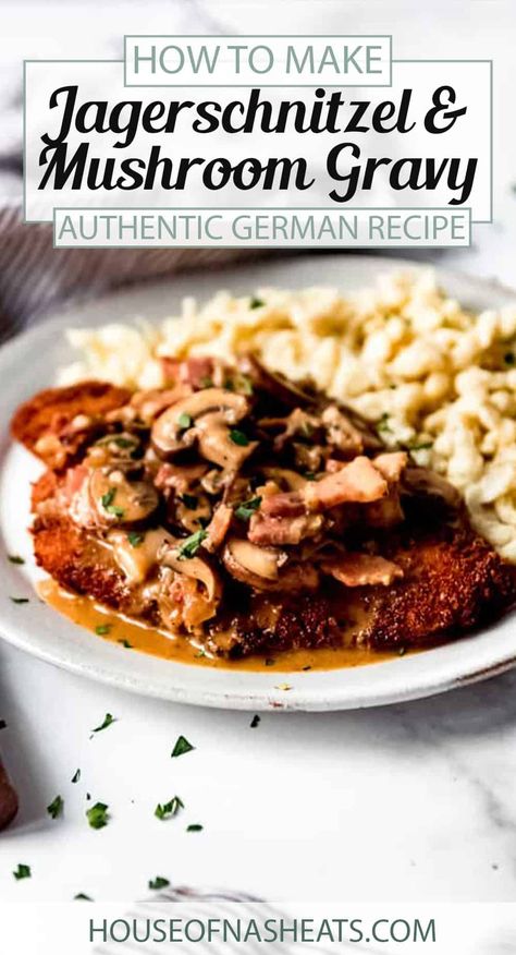 Jagerschnitzel Recipe, Pork Snitzel, Jaegerschnitzel Recipe, German Dinner Recipes, German Recipes Dinner, German Meals, Pork Schnitzel Recipe, German Dinner, German Schnitzel