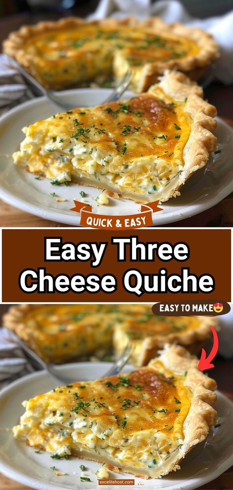 Ingredients:1 pre-made pie crust1 cup shredded mozzarella cheese1 cup shredded cheddar cheese1/2 cup crumbled feta cheese1 cup heavy cream1 cup whole Three Cheese Quiche, Swiss Cheese Quiche, Cheese Quiche Recipe, Easy Quiche, Breakfast Quiche Recipes, Quiche Recipes Easy, Quiche Dish, Cheese Quiche, Breakfast Quiche