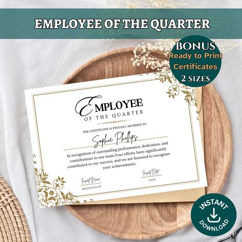 Editable Employee of the Quarter Award Years of Service Certificate of Appreciation Staff Gift Employee of the Month Award Recognition Gifts by AysunArtPrints on Etsy Work Accomplishments, Recognition Gifts, Employee Of The Month, Show Gratitude, Staff Gifts, Certificate Of Appreciation, Appreciation Cards, Office Prints, Employee Gifts