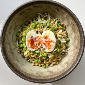 Spicy Chicken Ramen, Ramen Hacks, Soft Boiled Egg, Pea Pesto, Chicken Ramen, Full Recipes, Soft Boiled Eggs, Toasted Pine Nuts, Gluten Free Cheese