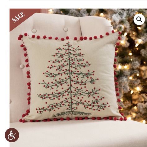 Vintage Christmas Pillows, Embroidered Christmas Tree, Embroidered Tree, Mini Pom, Christmas Tree Pillow, Embroidered Christmas, Embroidery Christmas, Tree Pillow, Red Ornaments