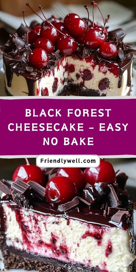 ✨ Whip up this easy Black Forest cheesecake without turning on the oven! 🍒🍫 A rich, no-bake dessert layered with chocolate, cherries, and velvety cheesecake filling. Perfect for busy bakers who want a stunning and delicious dessert! #EasyCheesecake #NoBakeDesserts #BlackForestRecipe #SweetTreats #ChocolateDesserts Black Forest Cheesecake Cake, Black Forest No Bake Cheesecake, No Bake Black Forest Cheesecake, Desserts Without Oven, Black Forest Cake Recipe Easy, Forest Desserts, Black Forest Dessert, Black Forest Cheesecake, Chocolate Cherries