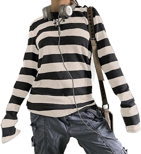 Grunge Knit, Oversized Fashion, Dark Academia Clothes, Academia Clothes, Y2k Long Sleeve, Jacket Cardigan, Stripe Outfits, Aesthetic T Shirts, Club Tops