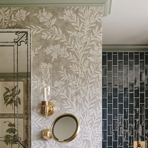 Floral Wallpaper Half Bath, Bathroom Paneling And Wallpaper, Sims Hilditch Bathroom, Wallpaper Ceiling Bathroom, Master Bath Wallpaper, Hallway Style, Wallpaper Half Bath, Tudor Renovation, Powder Bath Wallpaper