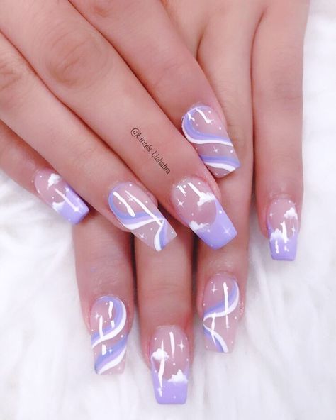 Spring Gel X Nail Designs, Short Pretty Nails Acrylic, Purple Aesthetic Nails Acrylic, Nails Almond Shape Purple, Purple Kawaii Nails, Nails Almond Lavender, Nails Ideas Purple, Heaven Clouds, Clouds Acrylic