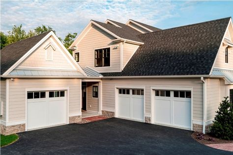 arcitecture Garage Attached Exterior Above Garage Addition, Garage Additions, White Garage, Garage Addition, Wooden Facade, Wood Garage Doors, Garage Remodel, Garage Door Design, Attached Garage