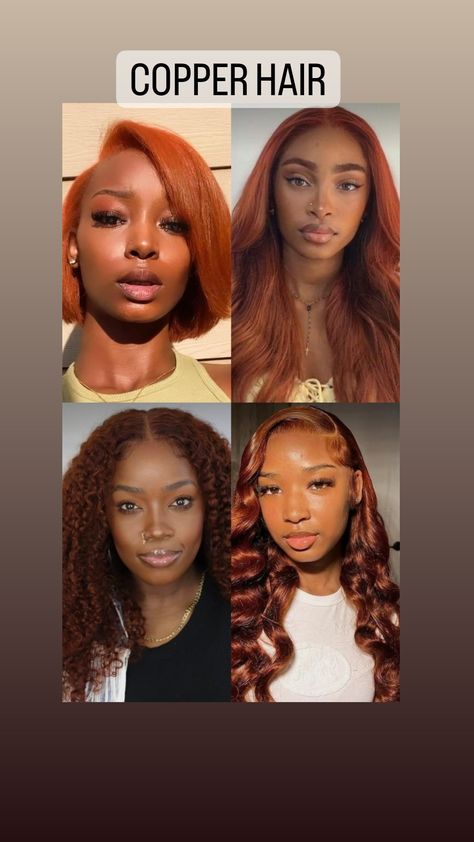 Rich, copper hair color of dark skin Cowboy Copper Hair On Black Women, Hair Colour Dye Ideas, Hair Dye Ideas For Dark Skin Black Women, Different Shades Of Ginger Hair Black Women, Dark Copper Hair Color On Black Women, Ginger And Black Hair Black Women, Copper Brown Black Women, Copper Hair Dye On Black Women, Ginger Brown Locs Black Women