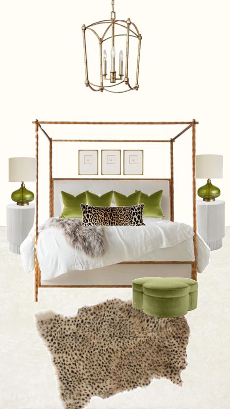 Leopard Accent Bedroom, Green And Animal Print Bedroom, Cheetah Room Ideas, Green And Leopard Bedroom, Neutral Glam Bedroom, Maximalist Interior Bedroom, Nashville Bedroom, Leopard Print Bedroom, Leopard Bedroom