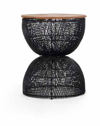 Side table with metal frame woven with natural Rattan material in Black color. The top is made from reclaimed teak wood. For indoor use or in a covered space. Store indoor in the winter. Outside Table, Rattan Material, Rattan Side Table, Natural Aesthetic, Bar Ideas, Furniture Collection, Teak Wood, Luxury Furniture, Rustic Charm