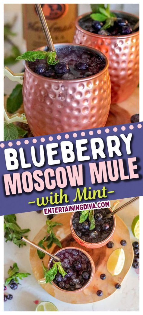 Blueberry Moscow Mule With Mint Blueberry Mule, Blueberry Moscow Mule, Blueberry Simple Syrup, Blueberry Cocktail, Blueberry Vodka, Moscow Mule Recipe, Mule Recipe, Jello Shot, Potluck Dinner