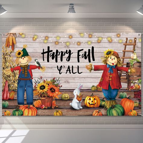 PRICES MAY VARY. Cute cartoon design: Our happy fall y'all banner features a theme of fall harvest, patterned with large scarecrow, rabbit, sunflower and pumpkins; Printed with words Happy Fall, childlike and unique, great decoration for you fall holiday party to welcome fall and celebrate the great harvest Extra large size: the hanging fall autumn thanksgiving banner is 72.8 inch (Length) x 43.3 inch (Width); The large letter makes it easy to seen from a distance and attracts the attention of g Harvest Party Decorations, Thanksgiving Decorations Outdoor, Outdoor Fall Decor Ideas, Thanksgiving Party Decorations, Fall Backdrops, Fall Harvest Party, Thanksgiving Banner, Thanksgiving Party, Fall Outdoor Decor