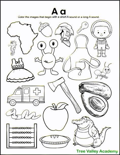 A free printable letter A sound coloring worksheet for kindergarten.  The black and white printable has 18 images.  9 of the images begin with a short A sound, and 3 of the images begin with a long A sound.  Kids need to color the images whose initial sound is a short A vowel sound or a long A vowel sound. Initial Sounds Worksheets, Letter Sounds Kindergarten, Letter A Coloring Pages, Letter B Worksheets, Letter Sound Recognition, Beginning Sounds Worksheets, Kindergarten Letters, Initial Sounds, Free Printable Letters