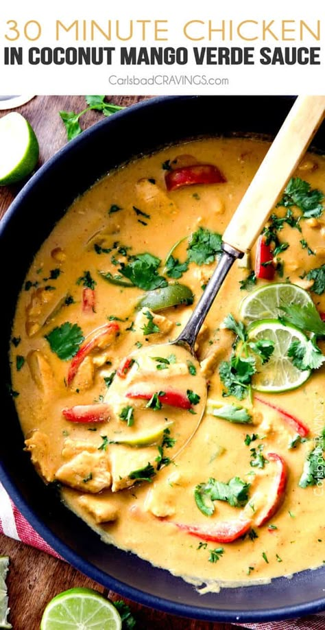 Chicken in Coconut Mango Verde Sauce - Carlsbad Cravings How To Cut Mango, How To Store Mangos, Mango Nutrition, Mango Chicken Curry, Mango Verde, Clean Eating Chicken Recipes, Mango Curry, Verde Sauce, Mango Chicken