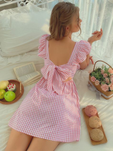 SHEIN VCAY Gingham Print Square Neck Butterfly Sleeve Tie Backless Dress | SHEIN Ghingam Dresses, Sweet Dress Cute, Gingham Dress Pattern Free, One Piece Dress Aesthetic, Gingham Dress Aesthetic, Vestidos Aesthetic Vintage, Barbie Dress For Women, Blue Casual Outfits, Gingham Dress Outfit