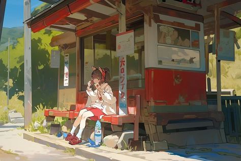 Bus Anime, Bus Stop Aesthetic, Bus Aesthetic, Bus Art, Paint Inspo, Dress Idea, Bus Ride, Summer Afternoon, Bus Stop