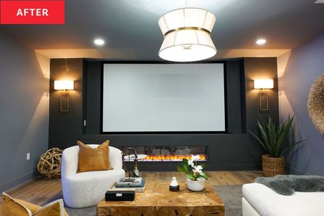 Projector Screen Entertainment Center, Basement With Projection Screen, Electric Fireplace Under Projector Screen, Basement Ideas Projector, Finished Basement With Fireplace, Projector In Basement Ideas, Basement With Projector, Projector In Basement, Basement Projector Wall Ideas