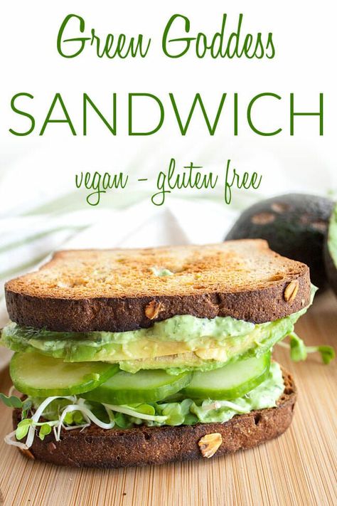 Green Goddess Sandwich (vegan, gluten free) - Fresh veggies layered in a sandwich with herbaceous green Goddess dip make this a winner for Summer! #greengoddesssandwich #greengoddess #veggiesandwich Green Goddess Sandwich, Lunches Vegetarian, Green Goddess Dip, Vegan Sandwich Recipes, Vegetarian Quinoa, Vegan Sandwiches, Bean Burgers, Vegan Lunch Recipes, Veggie Sandwich