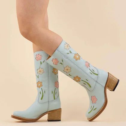 So dust off your boots and get ready to strut your stuff, because the Wild West awaits! 🌵💃 Blue Cowgirl Boots, Cute Cowgirl Boots, Retro Boots, Flower Boots, Inlay Design, The Wild West, Blue Square, Goodyear Welt, Pusheen