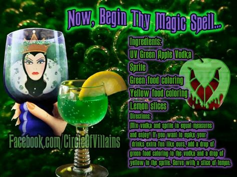 Magical Spell cocktail from Snow White and the Seven Dwarfs. I was actually watching this exact part in the movie when I came across this haha! Disney Inspired Drinks, Disney Alcoholic Drinks, Vodka Sprite, Green Apple Vodka, Disney Inspired Cocktails, Disney Cocktails, Apple Vodka, Disney Drinks, Liquor Drinks